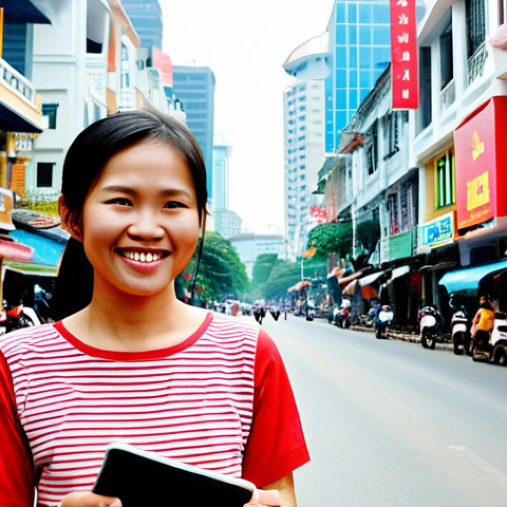 **

A bustling Ho Chi Minh City street scene. In the foreground, a young Vietnamese professional smiles confidently, holding a tablet displaying a graph with upward trending arrows. Modern buildings and traditional Vietnamese shops blend in the background, representing economic growth and stability. The colors are vibrant and optimistic.

**