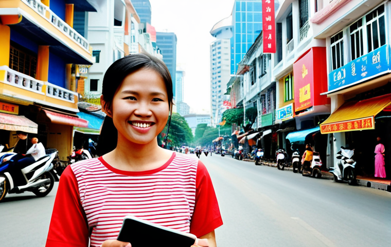 **

A bustling Ho Chi Minh City street scene. In the foreground, a young Vietnamese professional smiles confidently, holding a tablet displaying a graph with upward trending arrows. Modern buildings and traditional Vietnamese shops blend in the background, representing economic growth and stability. The colors are vibrant and optimistic.

**