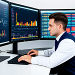 A focused male fund investment consultant in a professional, modest business suit, sitting at a sleek desk in a modern, high-tech office. Multiple monitor screens display complex financial charts, data analytics, and market trends. Books on finance and economics are neatly stacked on the desk. The consultant is deep in thought, perhaps interacting with a tablet or keyboard, emphasizing continuous learning and technological integration. Perfect anatomy, correct proportions, natural pose, well-formed hands, proper finger count. Fully clothed, appropriate attire, professional dress, safe for work, appropriate content, family-friendly. High-resolution, professional studio lighting, realistic photography.