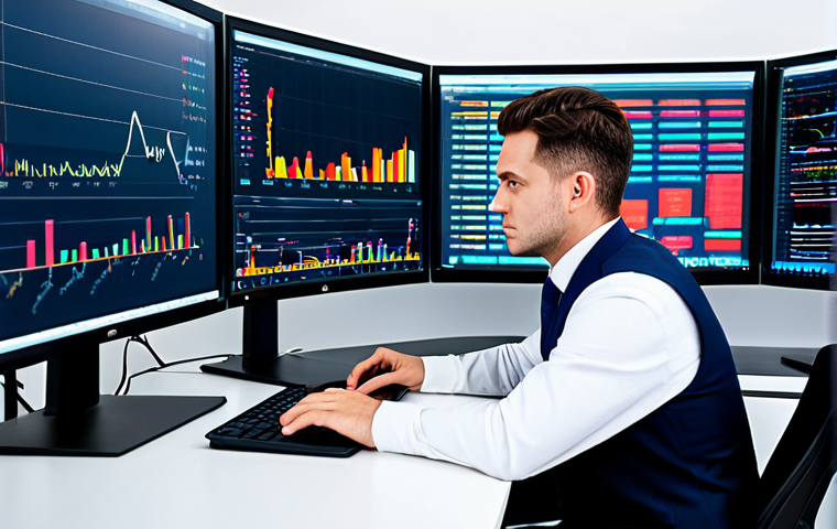 A focused male fund investment consultant in a professional, modest business suit, sitting at a sleek desk in a modern, high-tech office. Multiple monitor screens display complex financial charts, data analytics, and market trends. Books on finance and economics are neatly stacked on the desk. The consultant is deep in thought, perhaps interacting with a tablet or keyboard, emphasizing continuous learning and technological integration. Perfect anatomy, correct proportions, natural pose, well-formed hands, proper finger count. Fully clothed, appropriate attire, professional dress, safe for work, appropriate content, family-friendly. High-resolution, professional studio lighting, realistic photography.