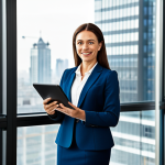 A professional female fund consultant, confident and approachable, wearing a modest business suit, standing in a modern, well-lit office with a cityscape visible through a large window. She is looking directly at the viewer with a friendly expression, holding a tablet displaying a professional financial chart. The setting conveys trust and expertise. fully clothed, appropriate attire, safe for work, perfect anatomy, correct proportions, natural pose, well-formed hands, proper finger count, natural body proportions, professional photography, high quality, appropriate content, family-friendly.