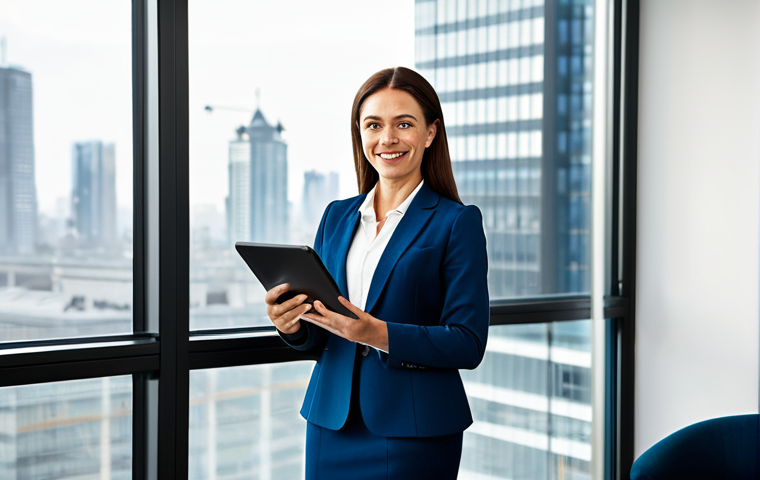 A professional female fund consultant, confident and approachable, wearing a modest business suit, standing in a modern, well-lit office with a cityscape visible through a large window. She is looking directly at the viewer with a friendly expression, holding a tablet displaying a professional financial chart. The setting conveys trust and expertise. fully clothed, appropriate attire, safe for work, perfect anatomy, correct proportions, natural pose, well-formed hands, proper finger count, natural body proportions, professional photography, high quality, appropriate content, family-friendly.