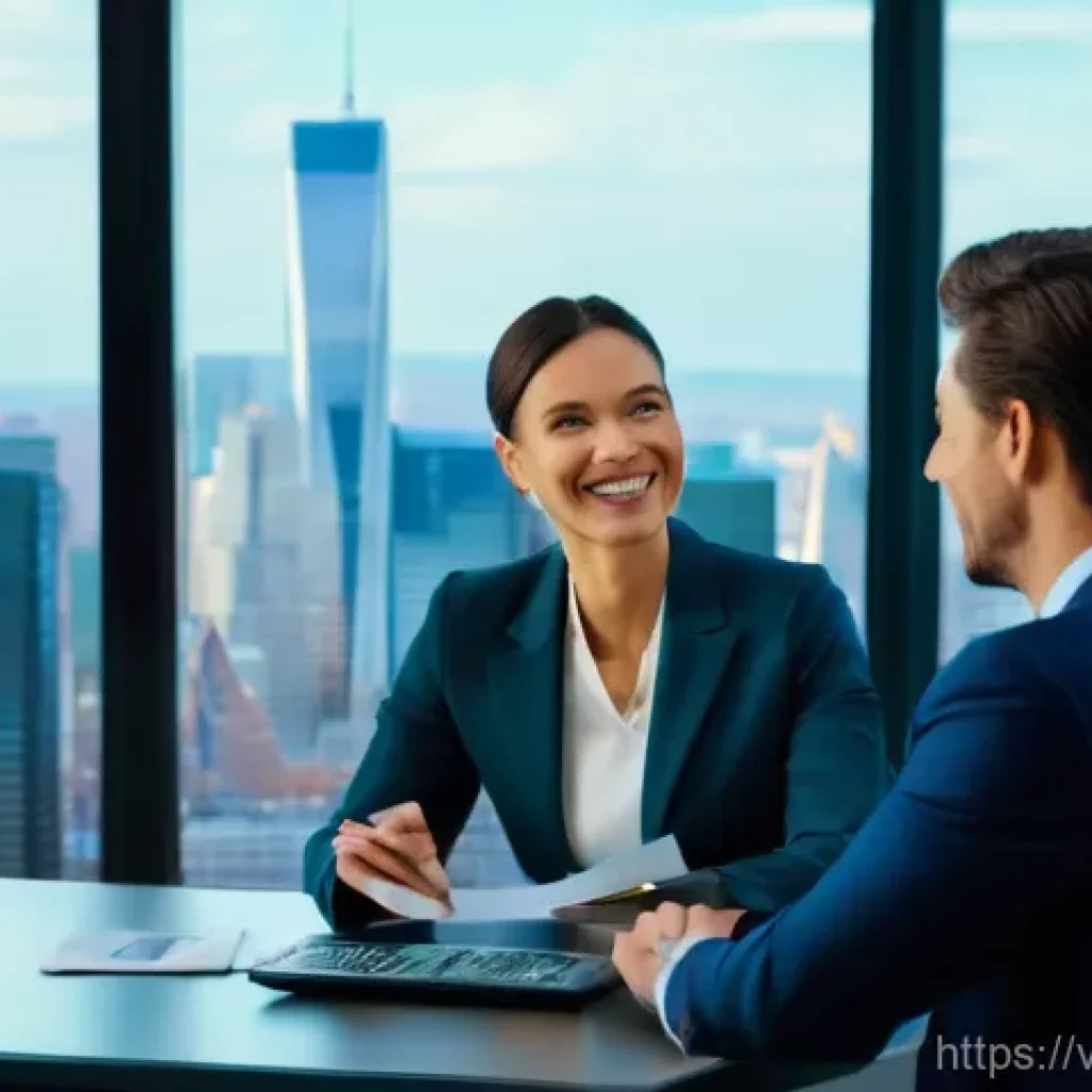 펀드투자상담사 실무와 이론 차이점 - **Prompt:** A professional financial advisor, a woman in her late 30s with a reassuring smile, sits ...