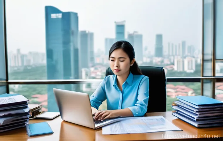 펀드투자상담사 시험 난이도 분석 - **Prompt:** A focused and determined young Vietnamese woman, in her late 20s, sits at a modern desk ...