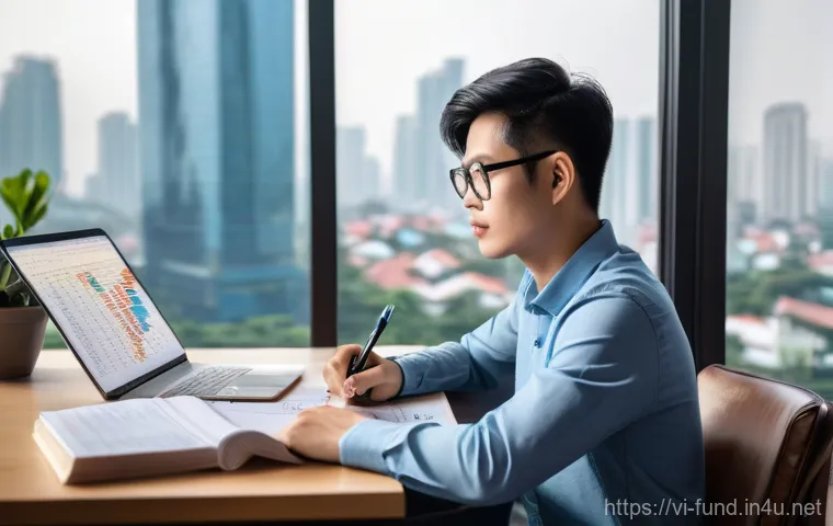 펀드투자상담사 필기시험 합격 꿀팁 - **Prompt:** A young Vietnamese professional (male or female, early 20s to early 30s) diligently stud...