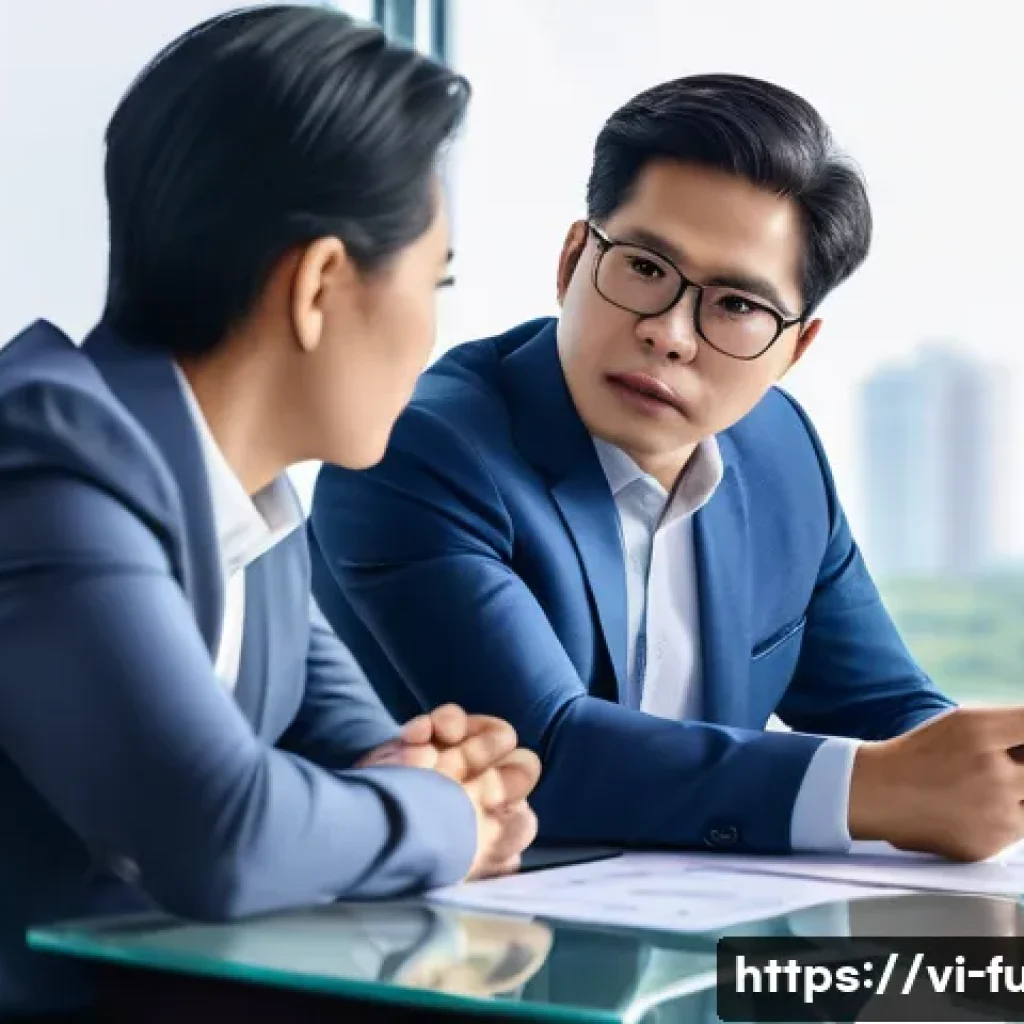 펀드투자상담사와 고객 관계 유지 방법 - A professional Vietnamese financial advisor in a modern office setting, attentively listening to a m...