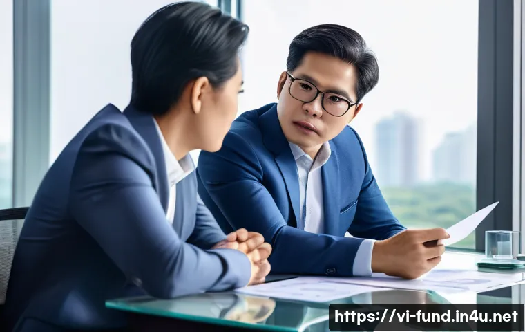 펀드투자상담사와 고객 관계 유지 방법 - A professional Vietnamese financial advisor in a modern office setting, attentively listening to a m...