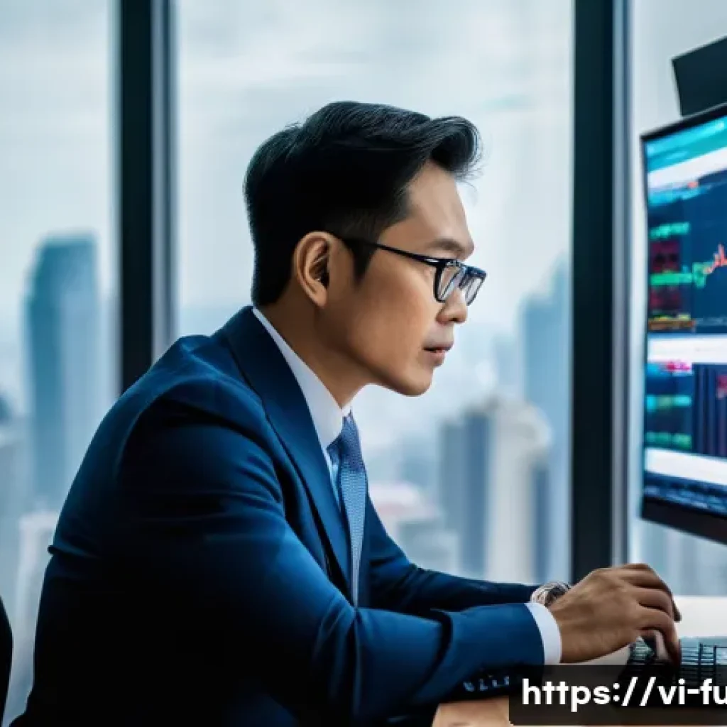 펀드투자상담사 실무에서의 주요 도구 - A modern Vietnamese financial advisor in a sleek office setting, analyzing multiple screens displayi...