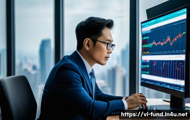 펀드투자상담사 실무에서의 주요 도구 - A modern Vietnamese financial advisor in a sleek office setting, analyzing multiple screens displayi...