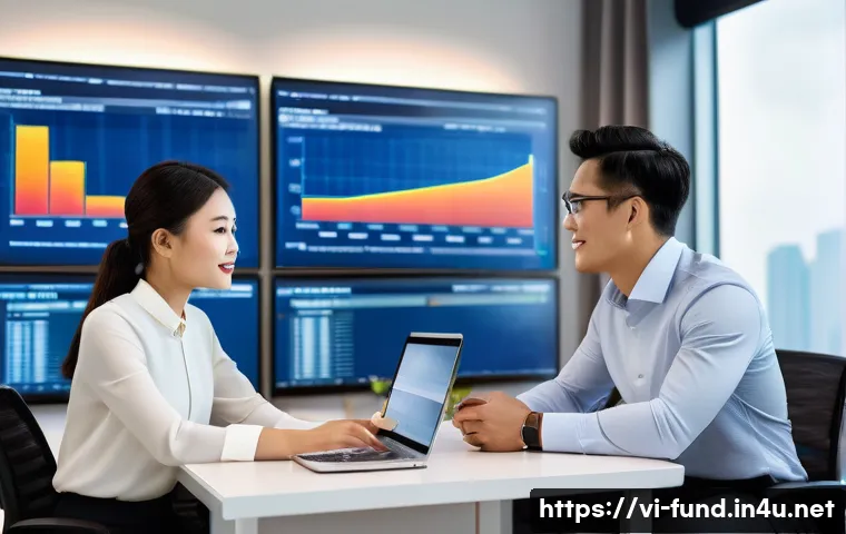 펀드투자상담사와 글로벌 금융 트렌드 - A professional Vietnamese investment advisor consulting a young Vietnamese couple in a modern office...