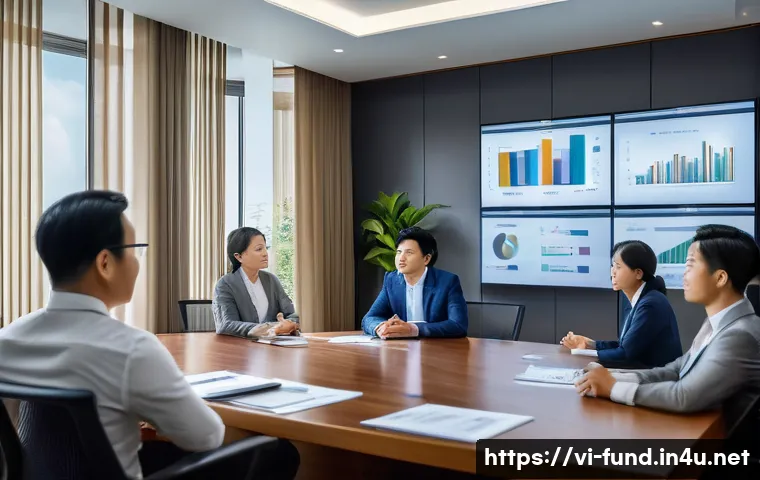 펀드투자상담사로서 업무 효율성 향상 전략 - A professional Vietnamese financial advisor in a modern office setting, attentively listening to a d...