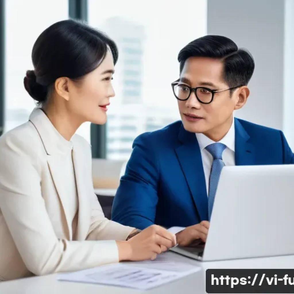 펀드투자상담사 면접 준비 체크리스트 - A professional Vietnamese financial advisor consulting with a middle-aged Vietnamese couple in a mod...