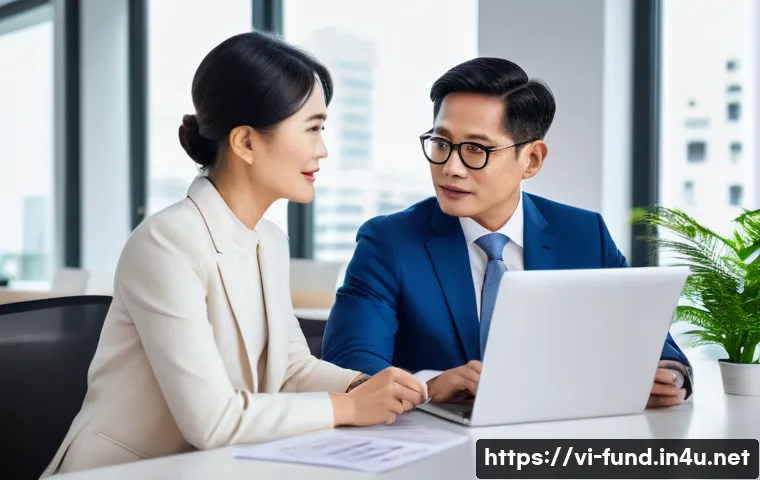 펀드투자상담사 면접 준비 체크리스트 - A professional Vietnamese financial advisor consulting with a middle-aged Vietnamese couple in a mod...