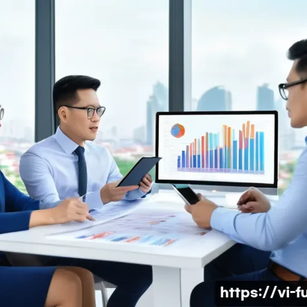 펀드투자상담사로서 실무에서의 교훈 - A professional Vietnamese financial advisor consulting a diverse group of investors in a modern offi...
