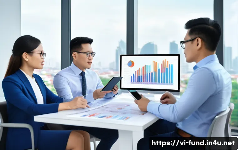 펀드투자상담사로서 실무에서의 교훈 - A professional Vietnamese financial advisor consulting a diverse group of investors in a modern offi...