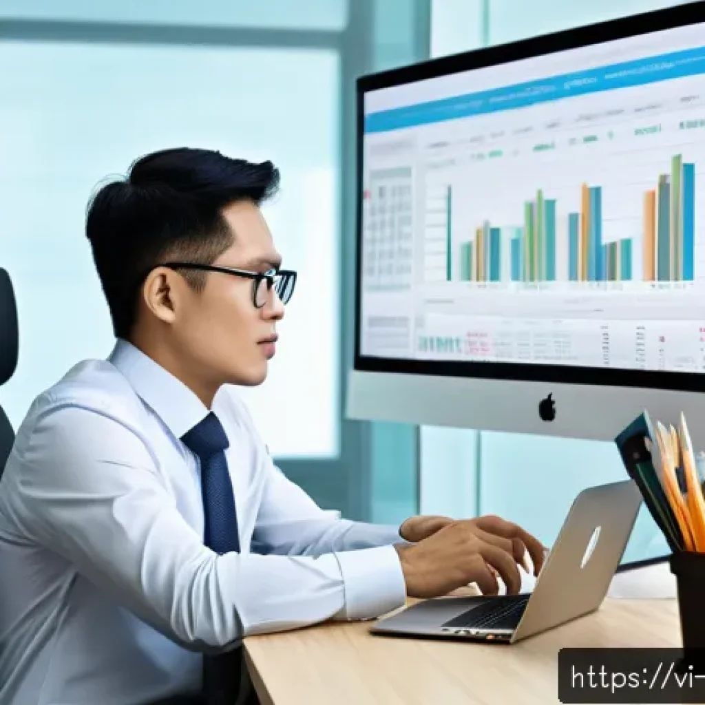펀드투자상담사와 고객 정보 관리법 - A professional Vietnamese financial advisor sitting at a modern office desk with dual monitors displ...