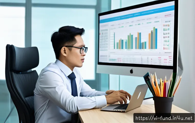 펀드투자상담사와 고객 정보 관리법 - A professional Vietnamese financial advisor sitting at a modern office desk with dual monitors displ...