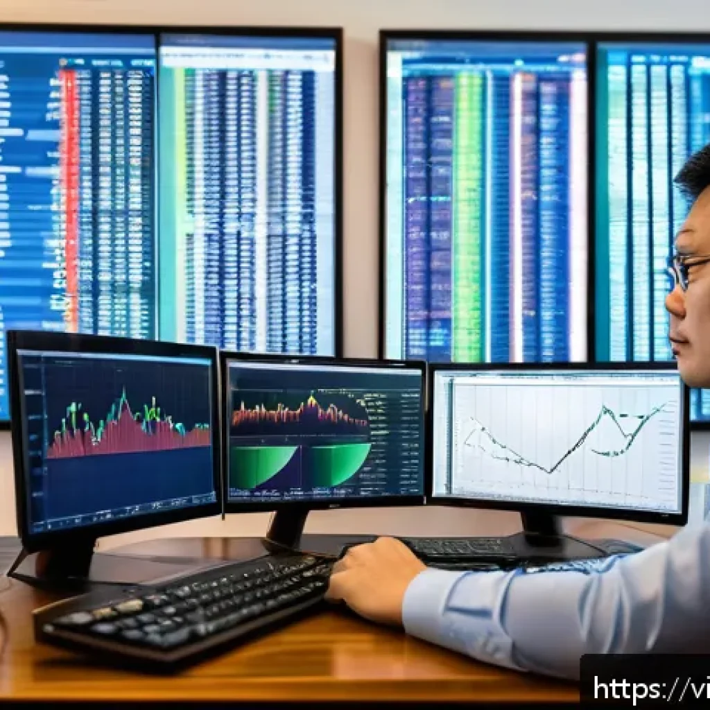 펀드투자상담사와 고객 재무 건강 관리 - A modern Vietnamese investor’s home office setup showing a middle-aged man analyzing multiple invest...