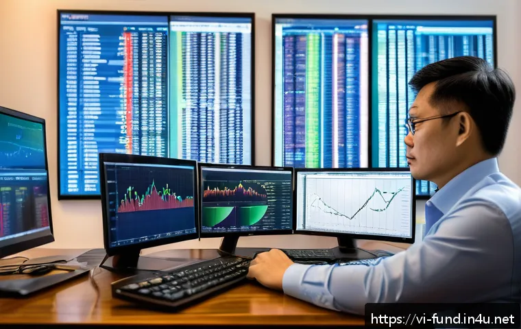 펀드투자상담사와 고객 재무 건강 관리 - A modern Vietnamese investor’s home office setup showing a middle-aged man analyzing multiple invest...