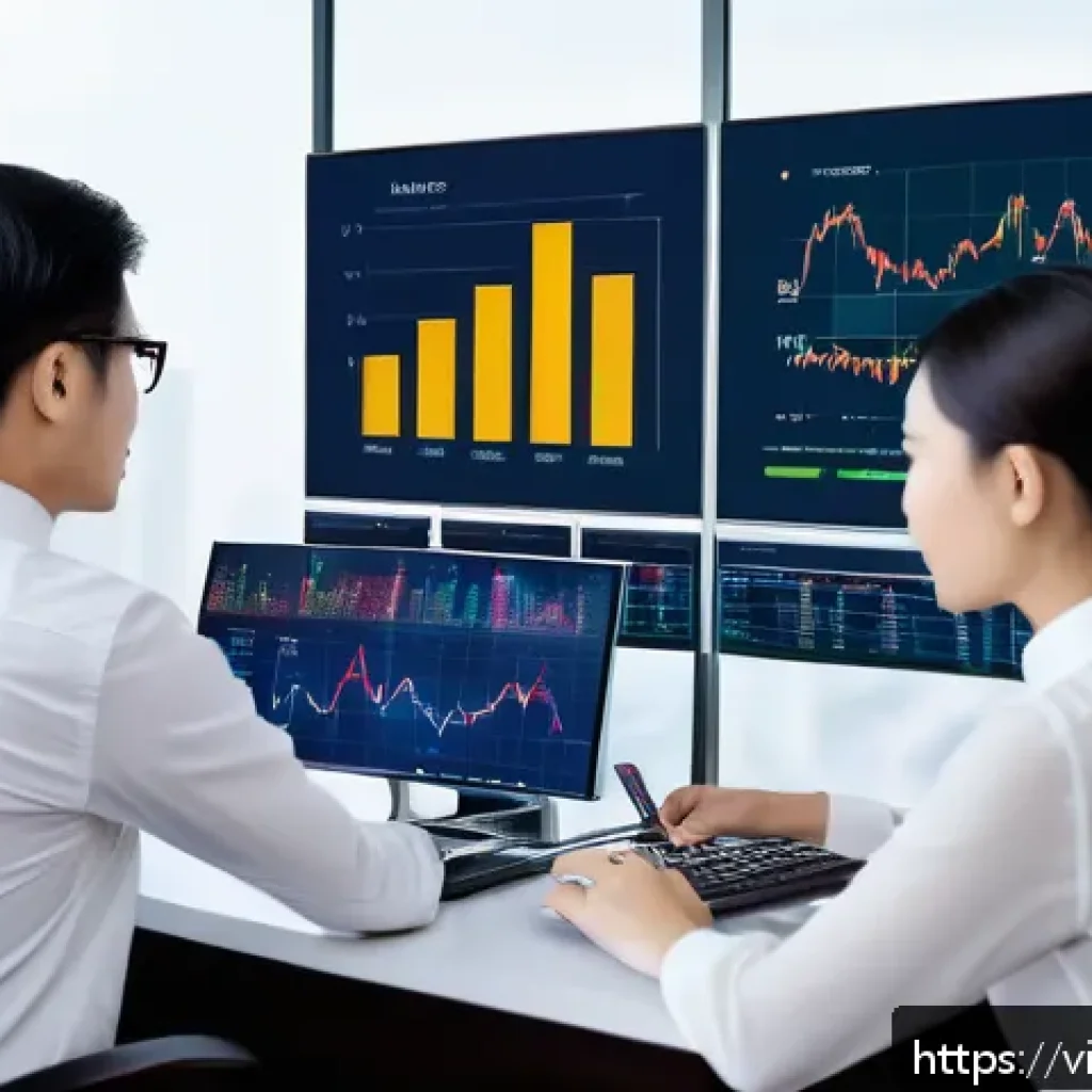 펀드투자상담사로서 업무 자동화 활용 - A modern Vietnamese financial advisor office scene featuring a diverse team analyzing large digital ...