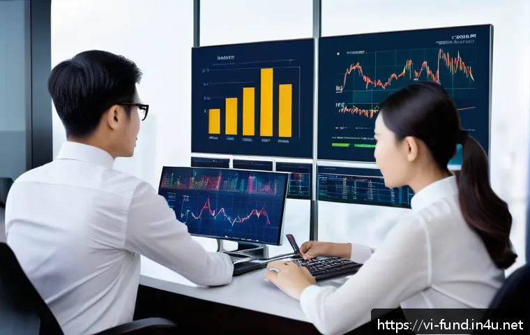 펀드투자상담사로서 업무 자동화 활용 - A modern Vietnamese financial advisor office scene featuring a diverse team analyzing large digital ...