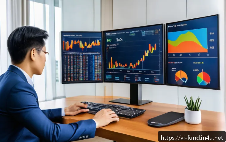펀드투자상담사로서 직무에서의 교훈 - A professional Vietnamese financial advisor in a modern office setting, analyzing diverse investment...
