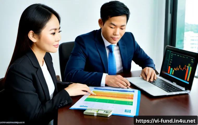 Home 17 펀드투자상담사 이직 시 유리한 기업 - Photorealistic Vietnamese financial advisor in professional business attire meeting with two colleag...